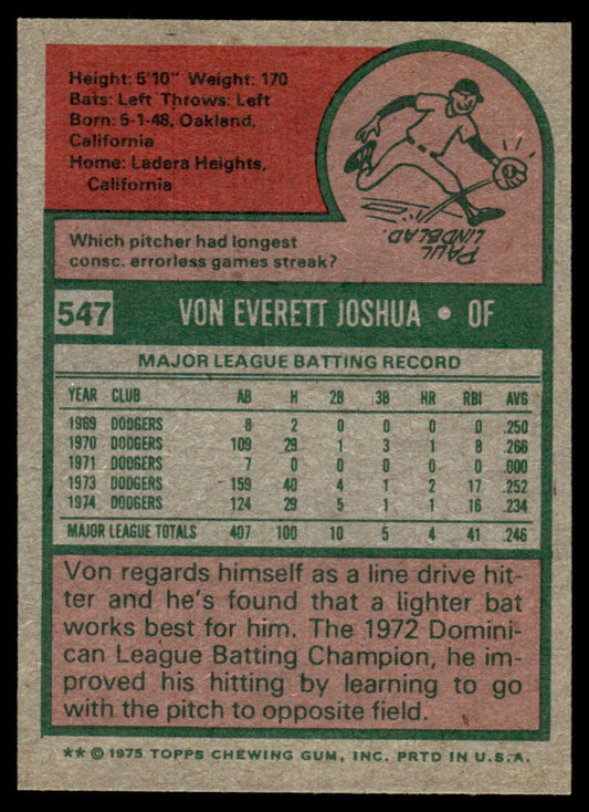 1975 Topps Baseball #547 - Von Joshua - NM
