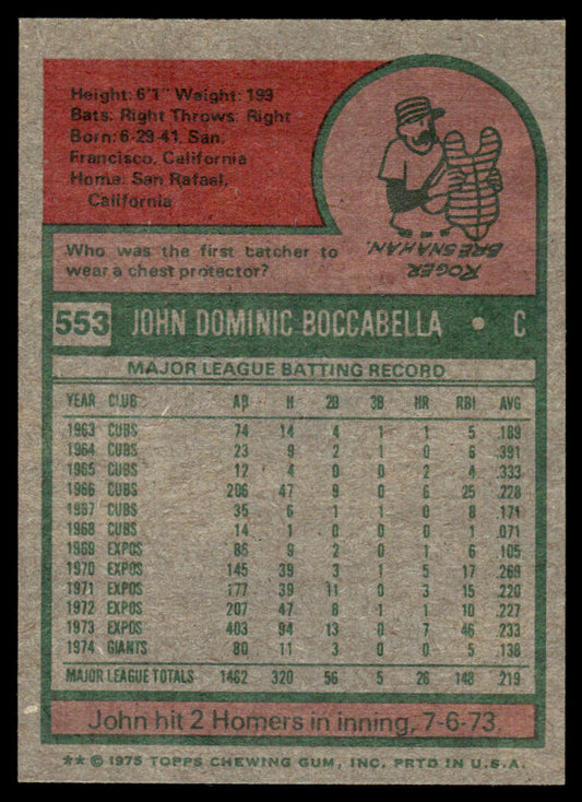 1975 Topps Baseball #553 - John Boccabella - NM