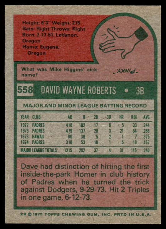 1975 Topps Baseball #558 - Dave Roberts - NM