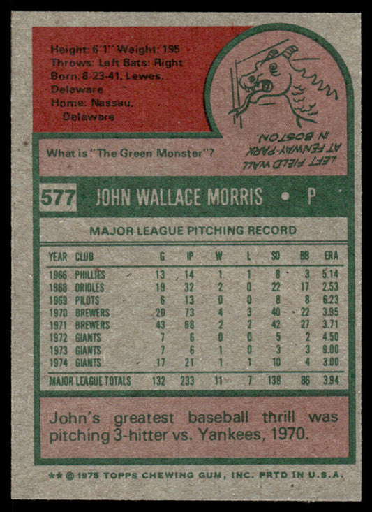 1975 Topps Baseball #577 - John Morris - NM