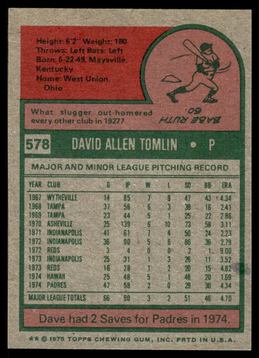 1975 Topps Baseball #578 - Dave Tomlin RC - NM