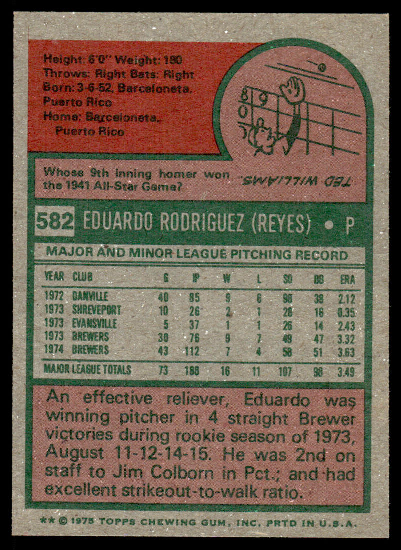 1975 Topps Baseball #582 - Eduardo Rodriguez - NMMT