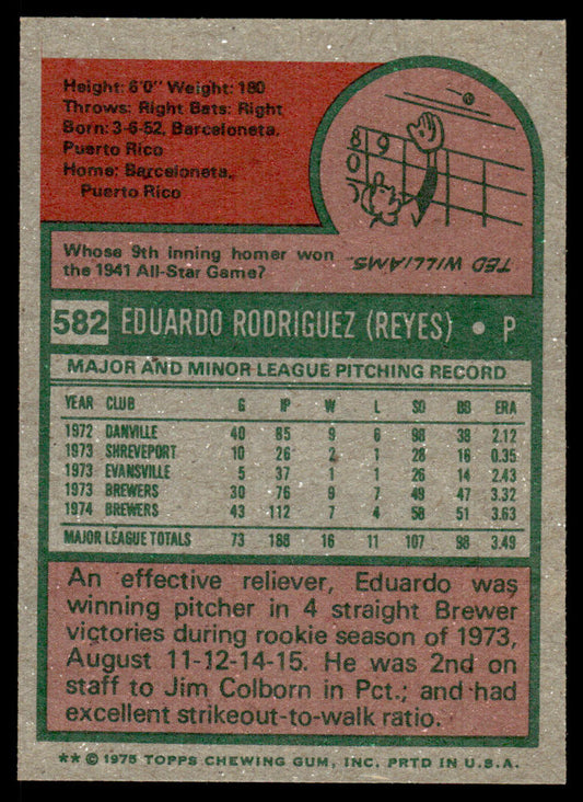1975 Topps Baseball #582 - Eduardo Rodriguez - NMMT