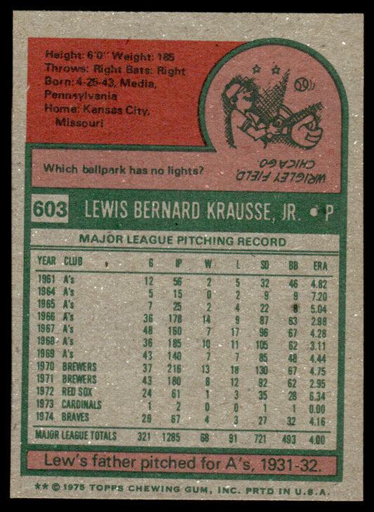 1975 Topps Baseball #603 - Lew Krausse - NM