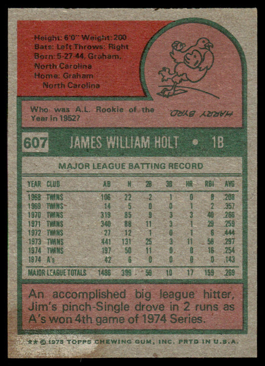 1975 Topps Baseball #607 - Jim Holt - EXMT