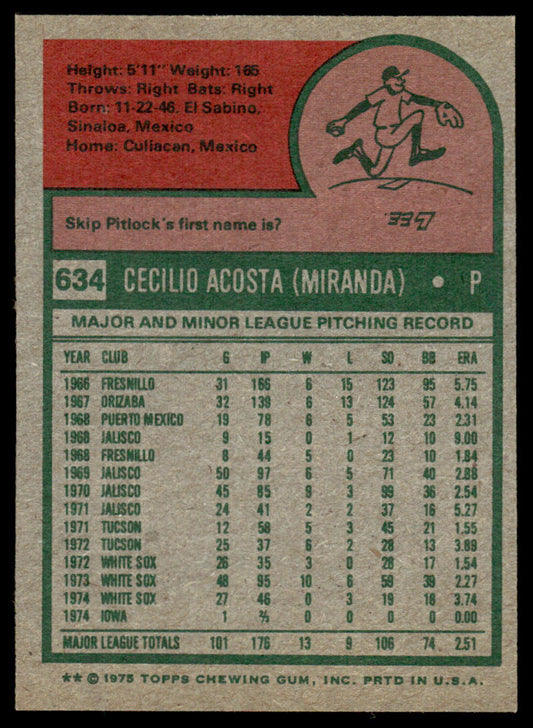 1975 Topps Baseball #634 - Cy Acosta - NM