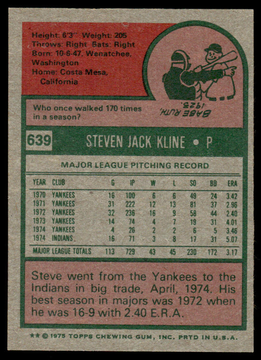 1975 Topps Baseball #639 - Steve Kline - NM