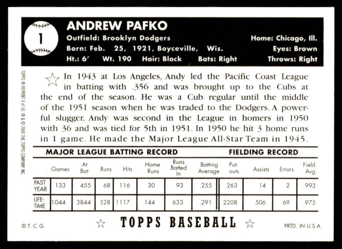 2001 Topps Baseball Through the Years Reprints #4 - Andy Pafko