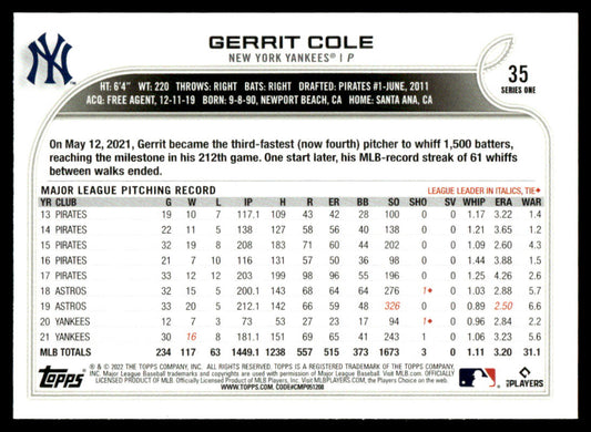 2022 Topps Baseball #35 - Gerrit Cole