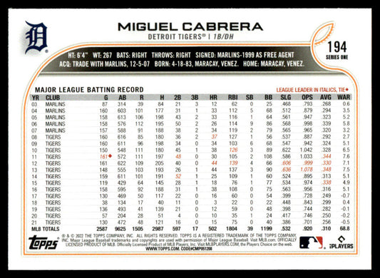 2022 Topps Baseball #194 - Miguel Cabrera