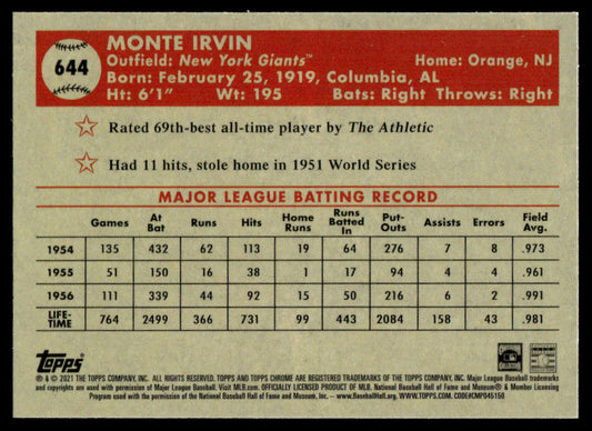 2021 Topps Chrome Platinum Anniversary Baseball #644 - Monte Irvin