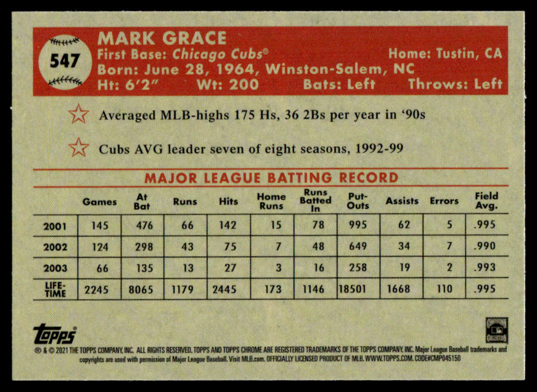 2021 Topps Chrome Platinum Anniversary Baseball #547 - Mark Grace