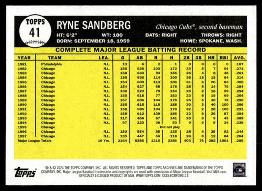 2024 Topps Archives Baseball #41 - Ryne Sandberg
