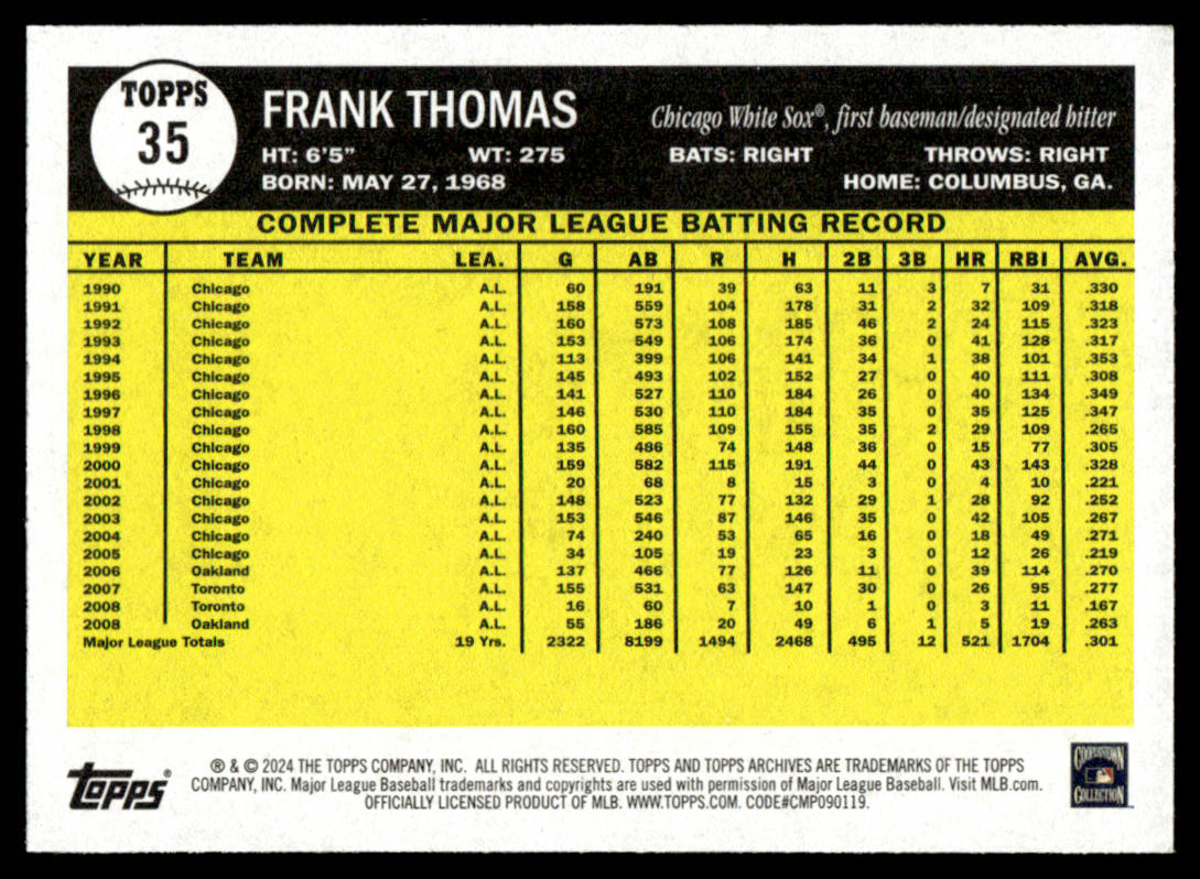 2024 Topps Archives Baseball #35 - Frank Thomas