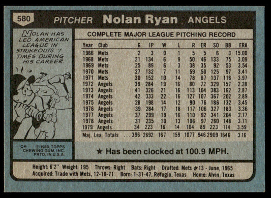 1980 Topps Baseball #580 - Nolan Ryan - NMMT