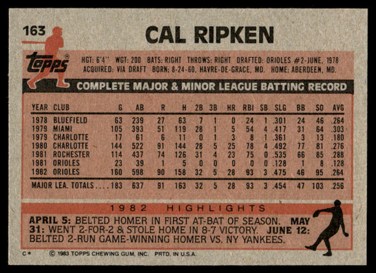1983 Topps Baseball #163 - Cal Ripken - NM