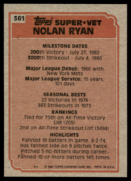 1983 Topps Baseball #361 - Nolan Ryan - NM
