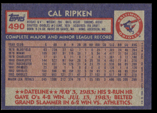 1984 Topps Baseball #490 - Cal Ripken - NMMT