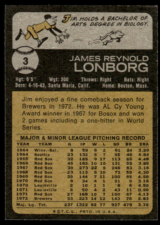 1973 Topps Baseball #3 - Jim Lonborg - NM