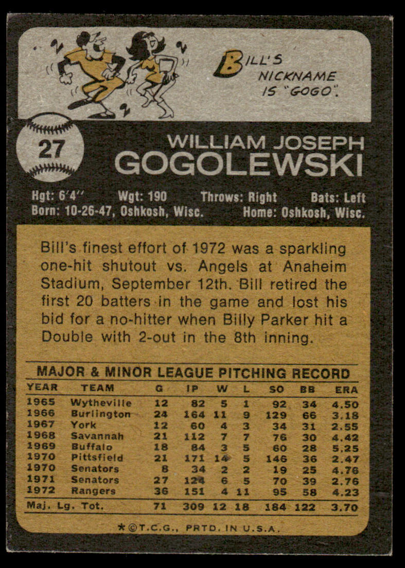 1973 Topps Baseball #27 - Bill Gogolewski - EXMT