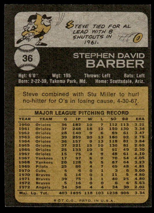 1973 Topps Baseball #36 - Steve Barber - EXMT