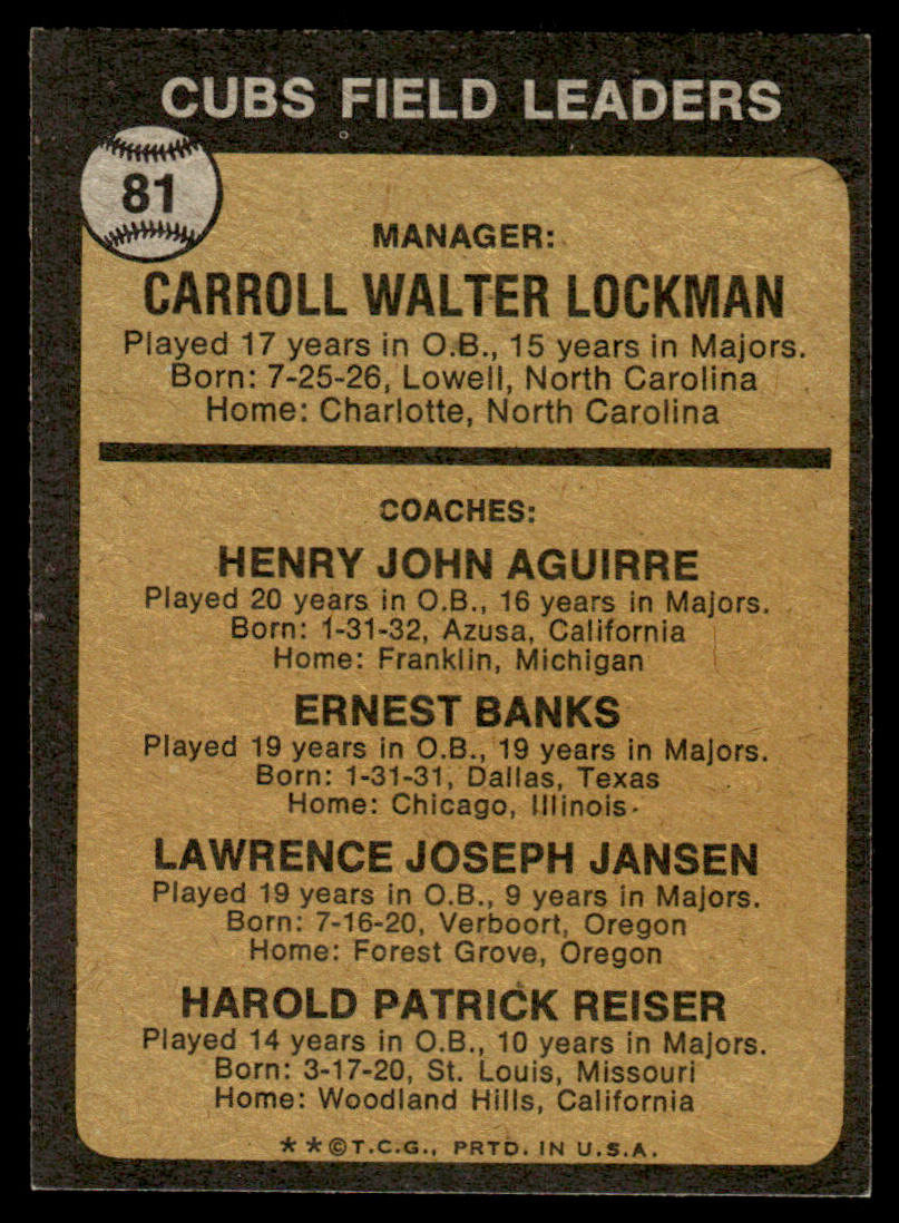 1973 Topps Baseball #81a - Cubs Field Leaders - EXMT