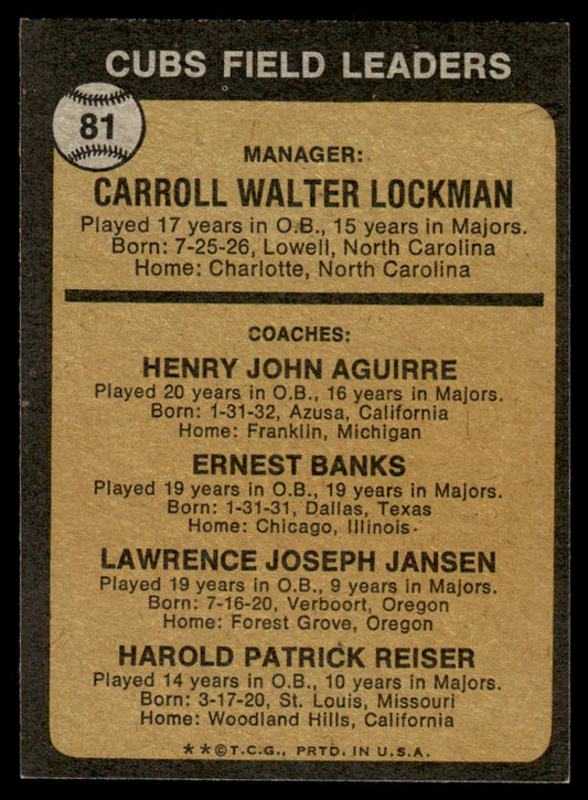 1973 Topps Baseball #81a - Cubs Field Leaders - EXMT