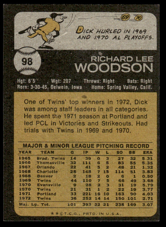 1973 Topps Baseball #98 - Dick Woodson - EXMT