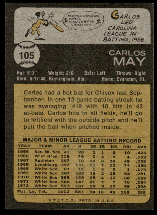 1973 Topps Baseball #105 - Carlos May - NM