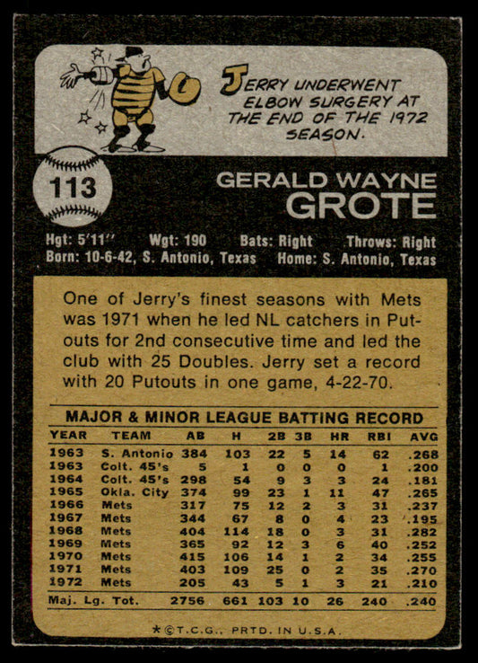 1973 Topps Baseball #113 - Jerry Grote - EXMT