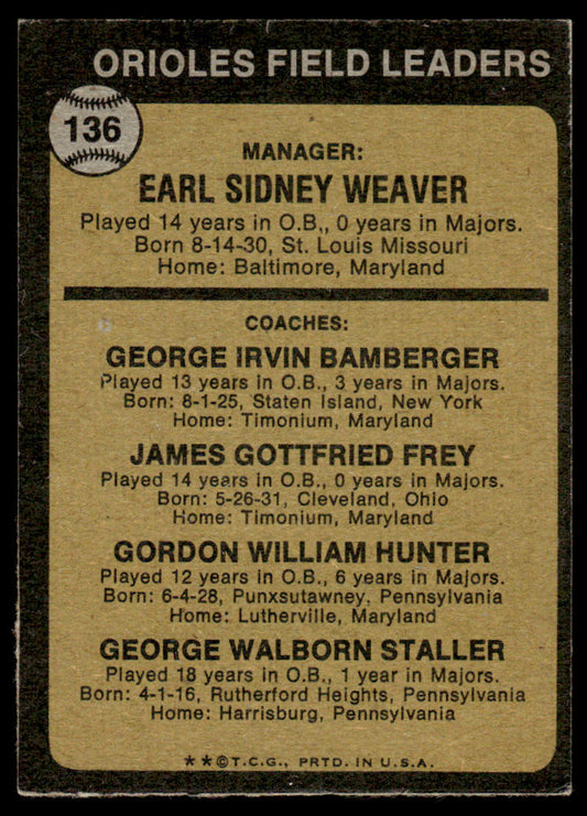 1973 Topps Baseball #136b - Orioles Field Leaders - EXMT