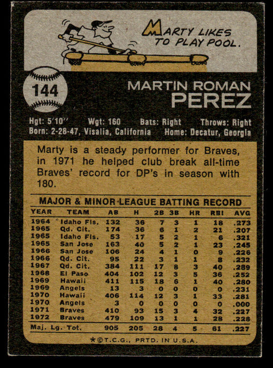 1973 Topps Baseball #144 - Marty Perez - EXMT