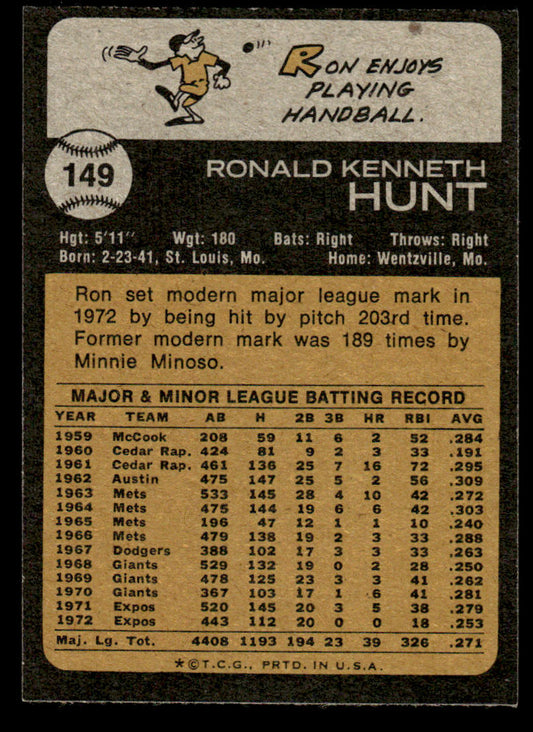 1973 Topps Baseball #149 - Ron Hunt - NM