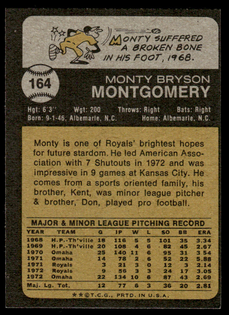1973 Topps Baseball #164 - Monty Montgomery - EXMT