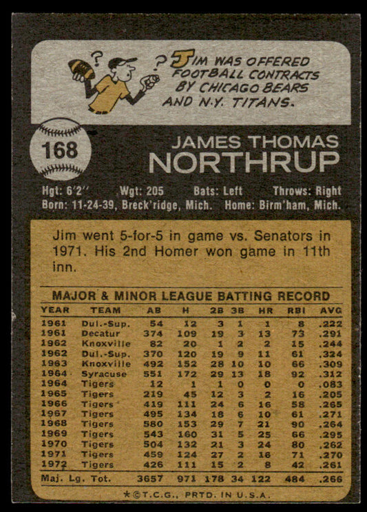 1973 Topps Baseball #168 - Jim Northrup - NM