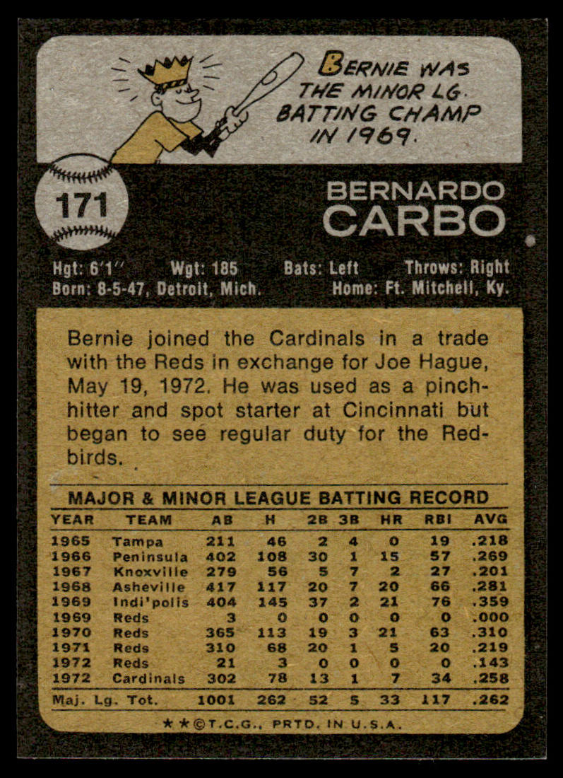 1973 Topps Baseball #171 - Bernie Carbo - EXMT