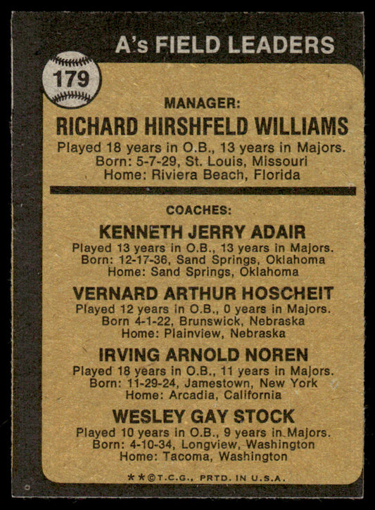 1973 Topps Baseball #179b - A's Field Leaders - EXMT