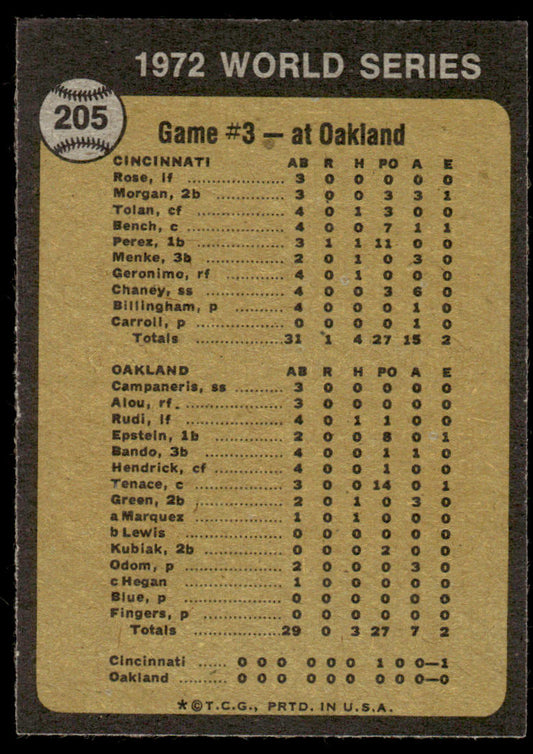 1973 Topps Baseball #205 - World Series Game 3 - Reds Win Squeeker - NM
