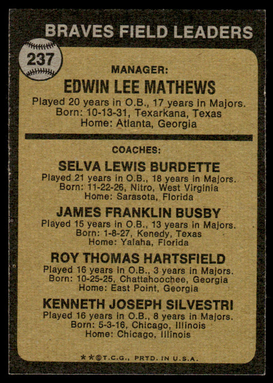 1973 Topps Baseball #237b - Braves Field Leaders - NM