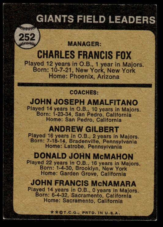 1973 Topps Baseball #252b - Giants Field Leaders - EXMT