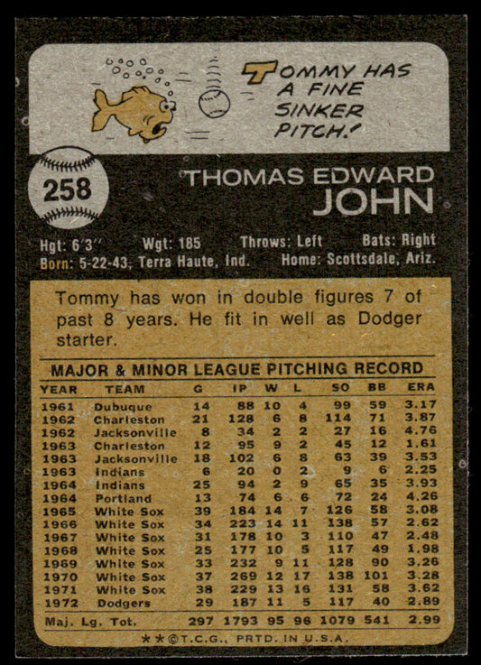 1973 Topps Baseball #258 - Tommy John - EXMT