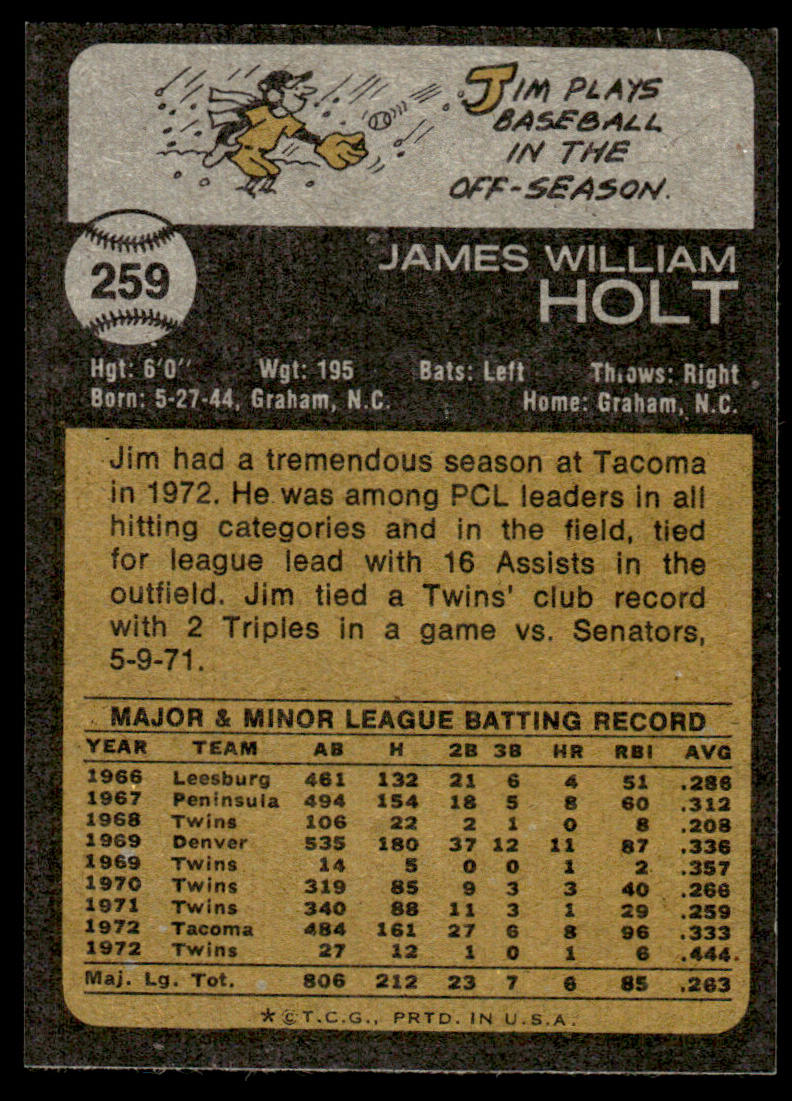 1973 Topps Baseball #259 - Jim Holt - NM