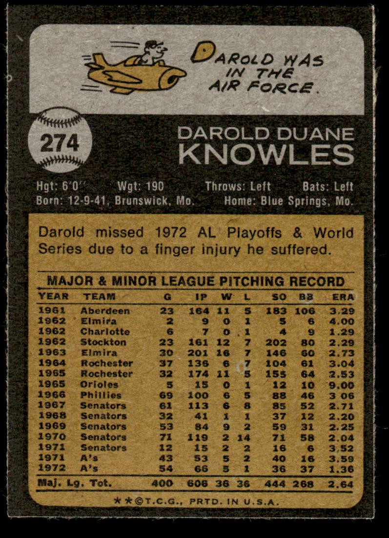 1973 Topps Baseball #274 - Darold Knowles - EXMT