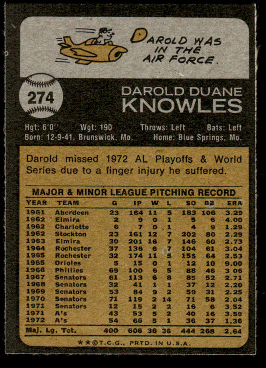 1973 Topps Baseball #274 - Darold Knowles - EXMT