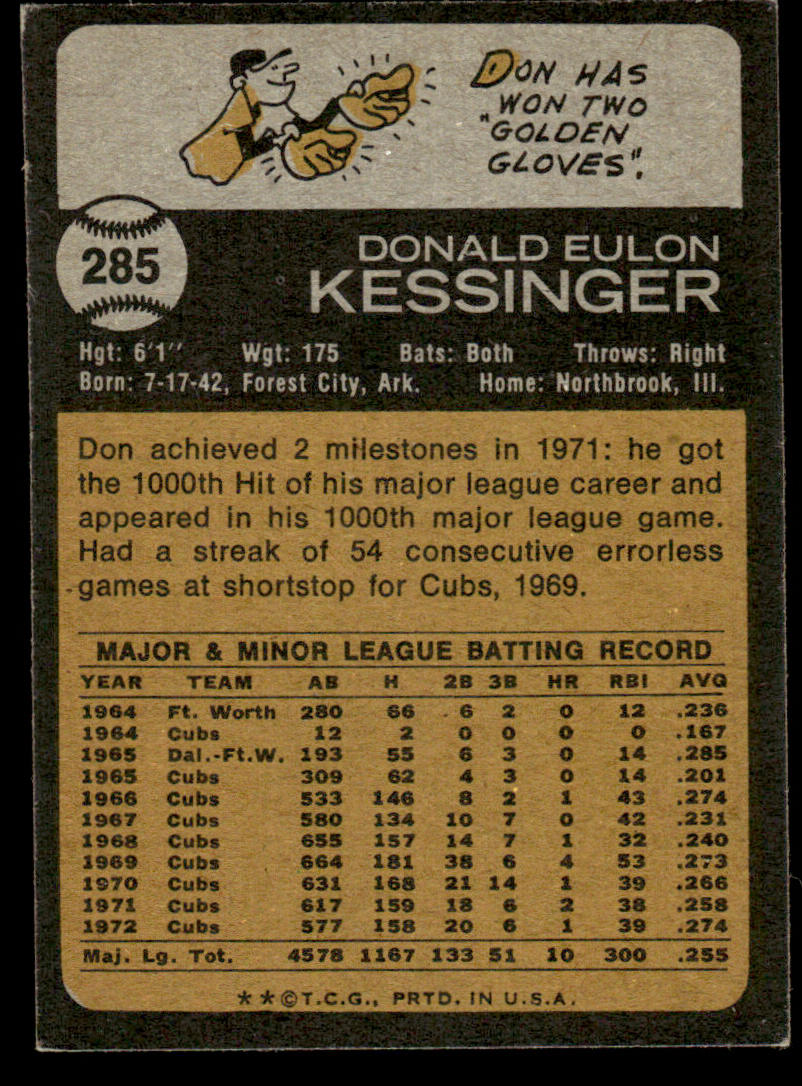 1973 Topps Baseball #285 - Don Kessinger - EXMT