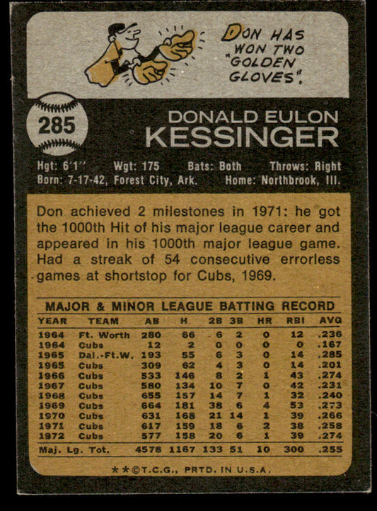 1973 Topps Baseball #285 - Don Kessinger - EXMT