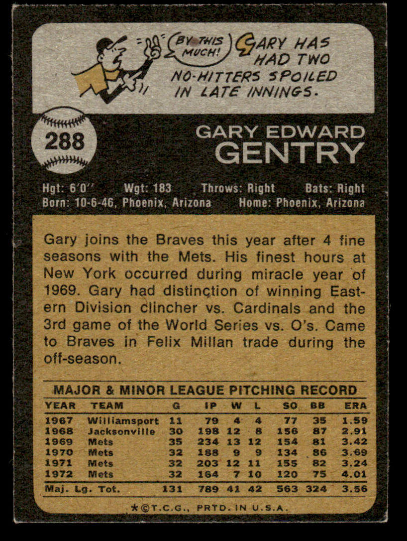 1973 Topps Baseball #288 - Gary Gentry - EX