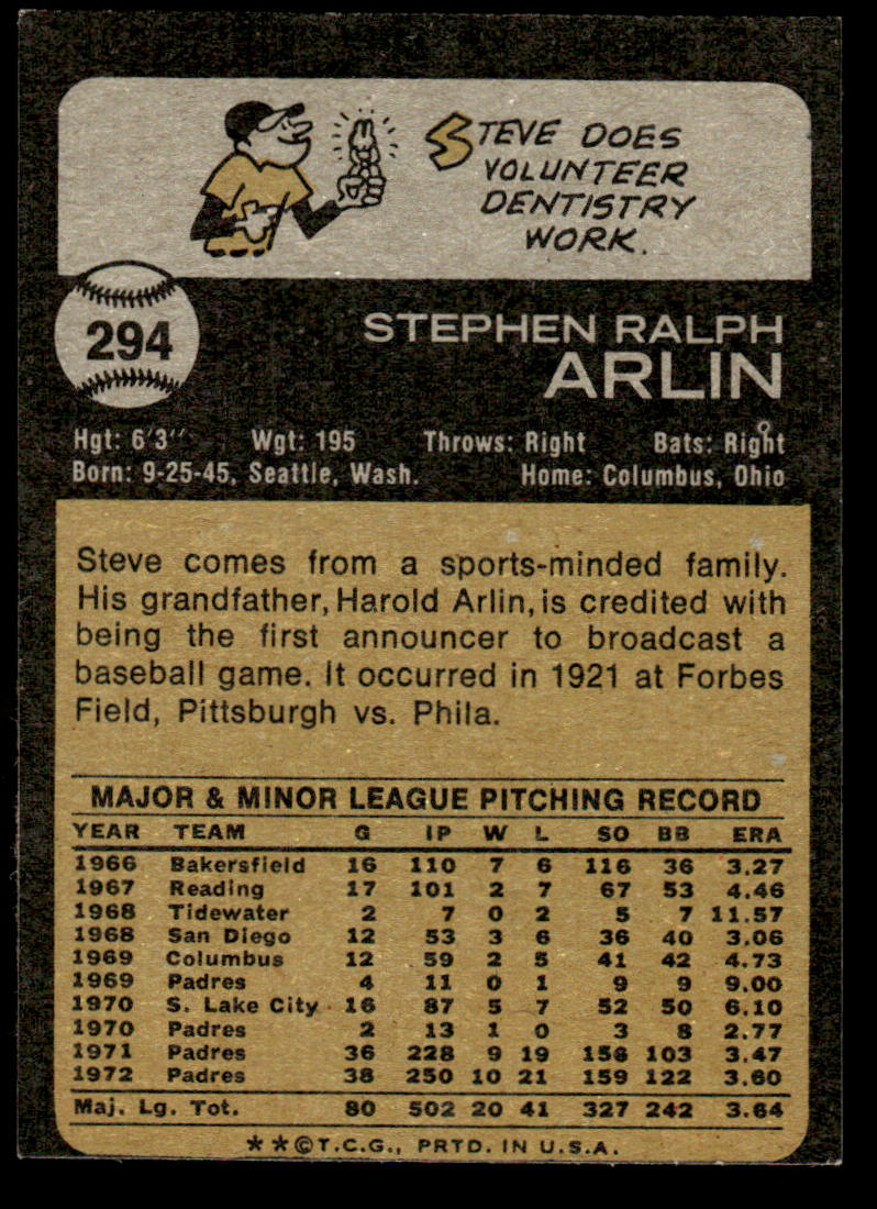 1973 Topps Baseball #294 - Steve Arlin - EXMT