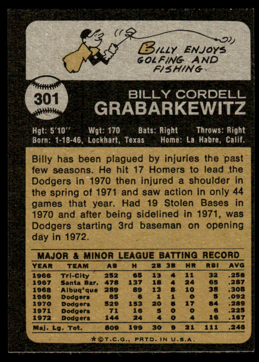 1973 Topps Baseball #301 - Billy Grabarkewitz - EXMT