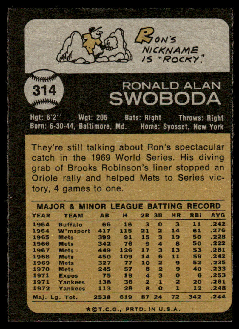 1973 Topps Baseball #314 - Ron Swoboda - EXMT